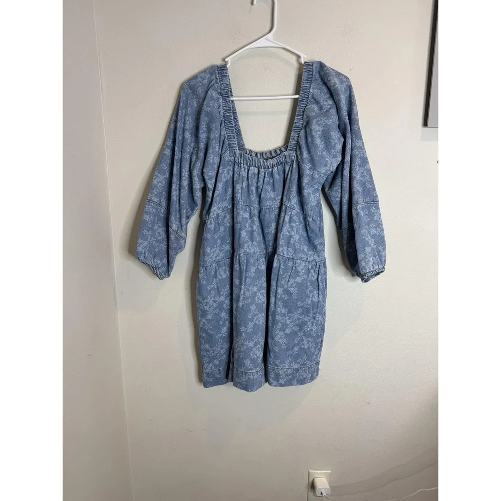 Free People Dress Womens XS‎ Blue Floral Denim Square Neck Long Sleeve Boho Mini